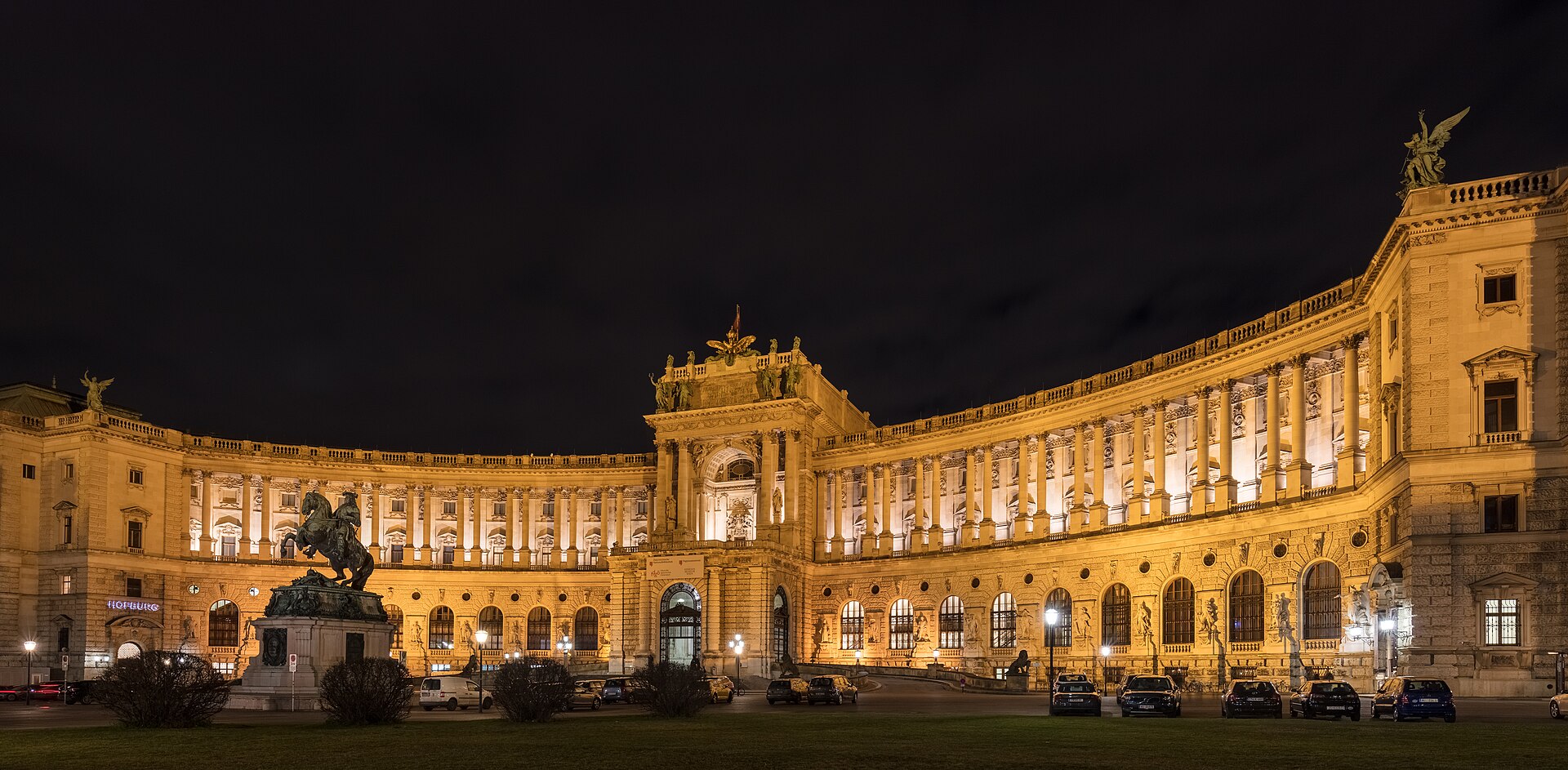 The Neue Burg wing of the Hofburg at night