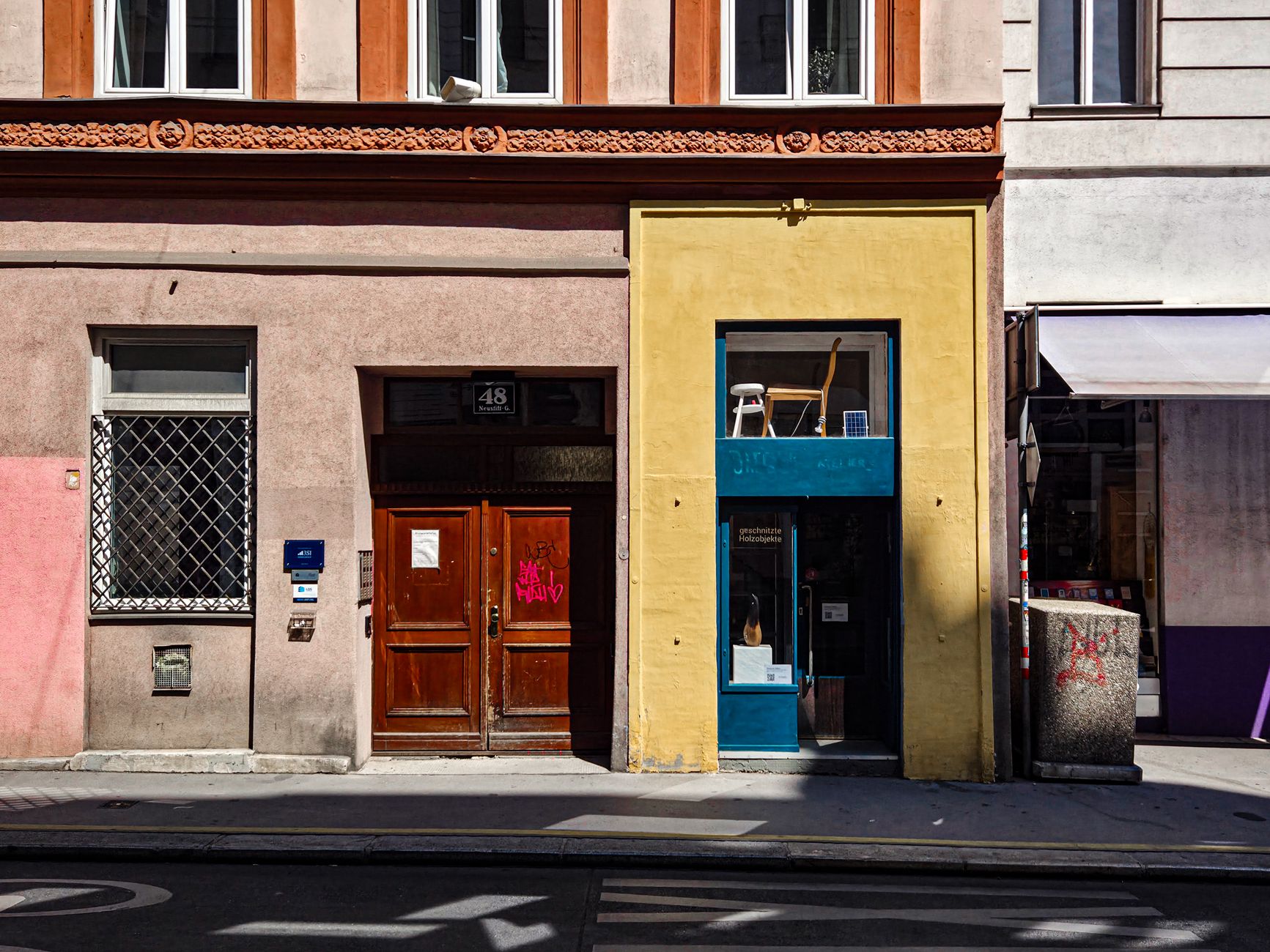 Colorful buildings on a street in Vienna, Austria