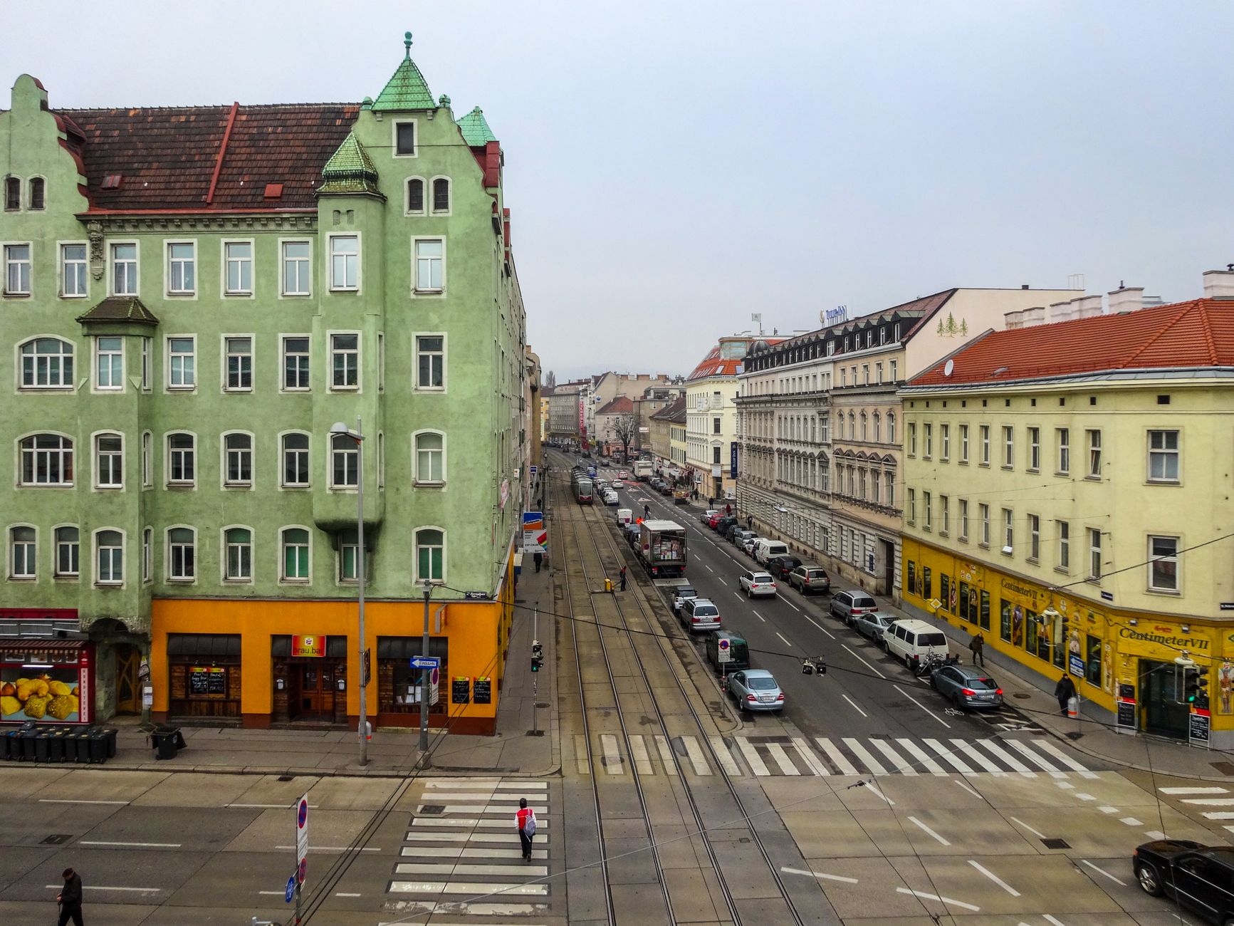 Vienna street with trams and colorful buildings