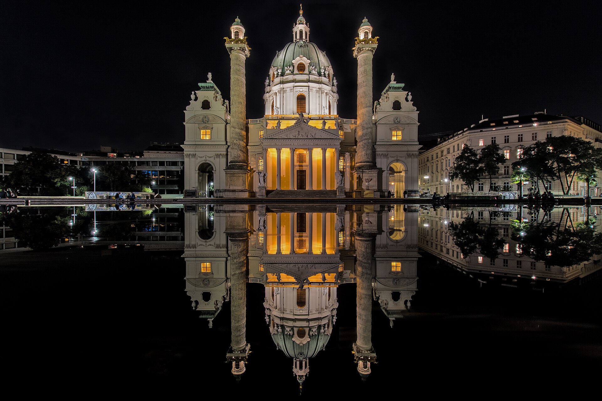 The Karlskirche and its pool after dark