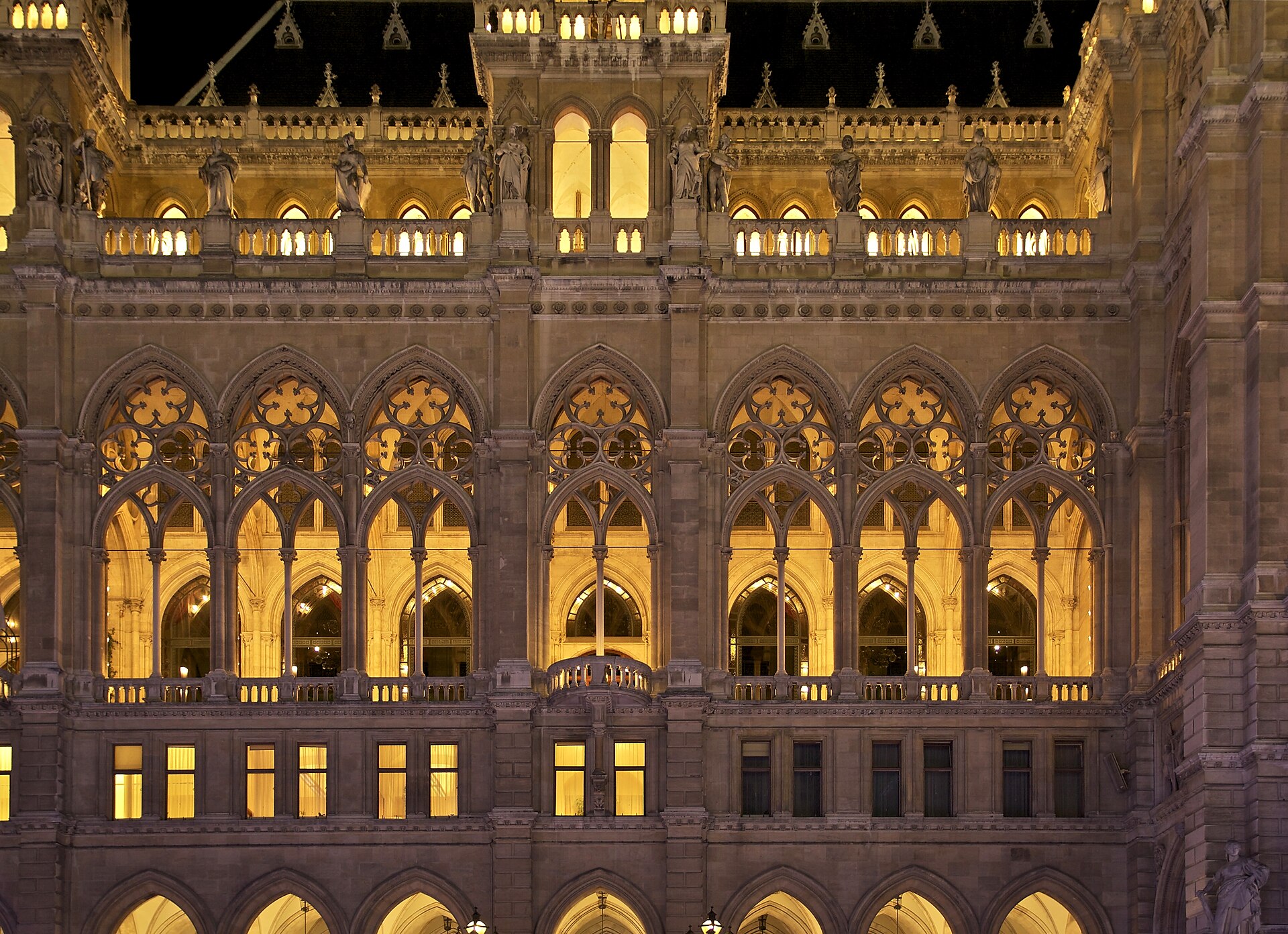 The lit facade of Vienna City Hall